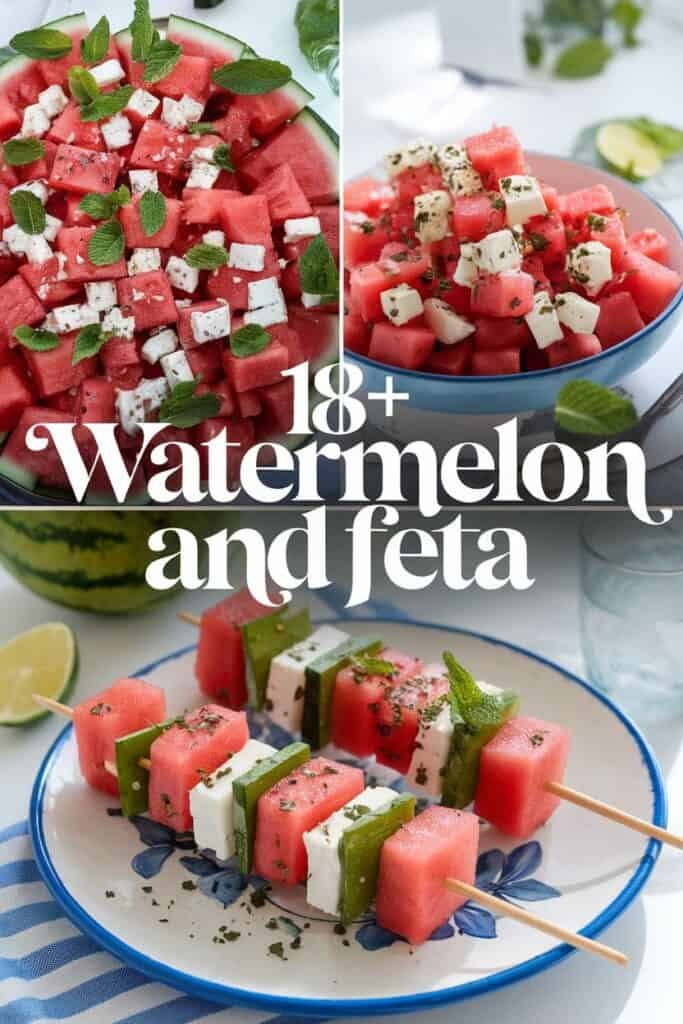 Colorful watermelon and feta salad with fresh mint, displayed in a bowl and a watermelon rind, alongside skewers of watermelon, feta, and mint. The image highlights 18+ creative watermelon and feta recipes, perfect for summer gatherings.