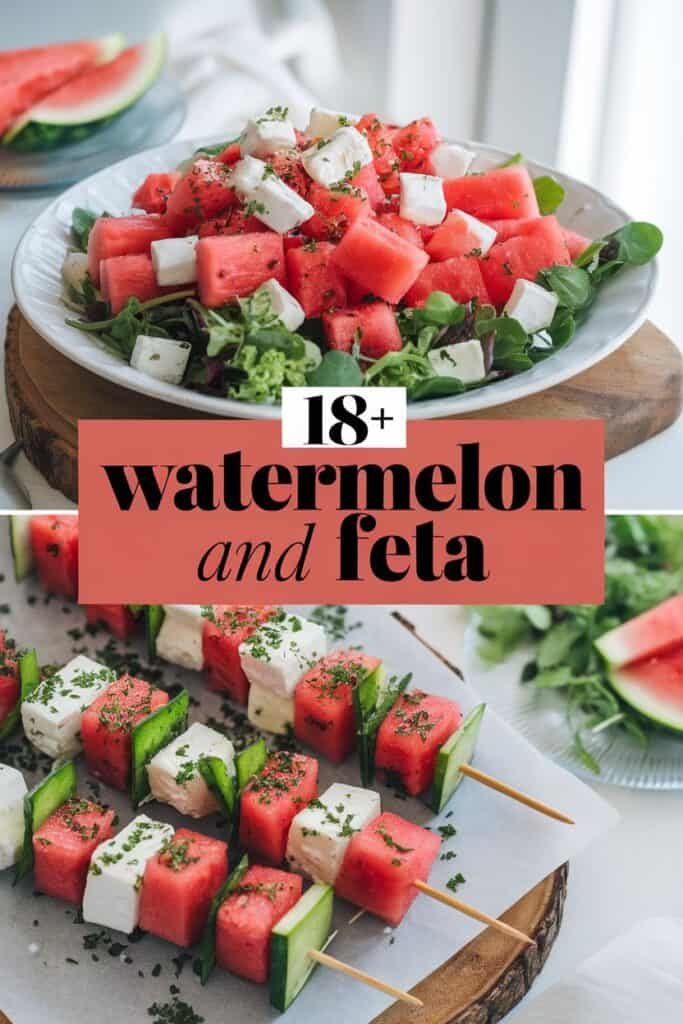 Fresh watermelon and feta salad served in a bowl with mixed greens, topped with herbs, alongside skewers of watermelon, feta, and cucumber garnished with parsley. Perfect for summer gatherings and healthy eating.