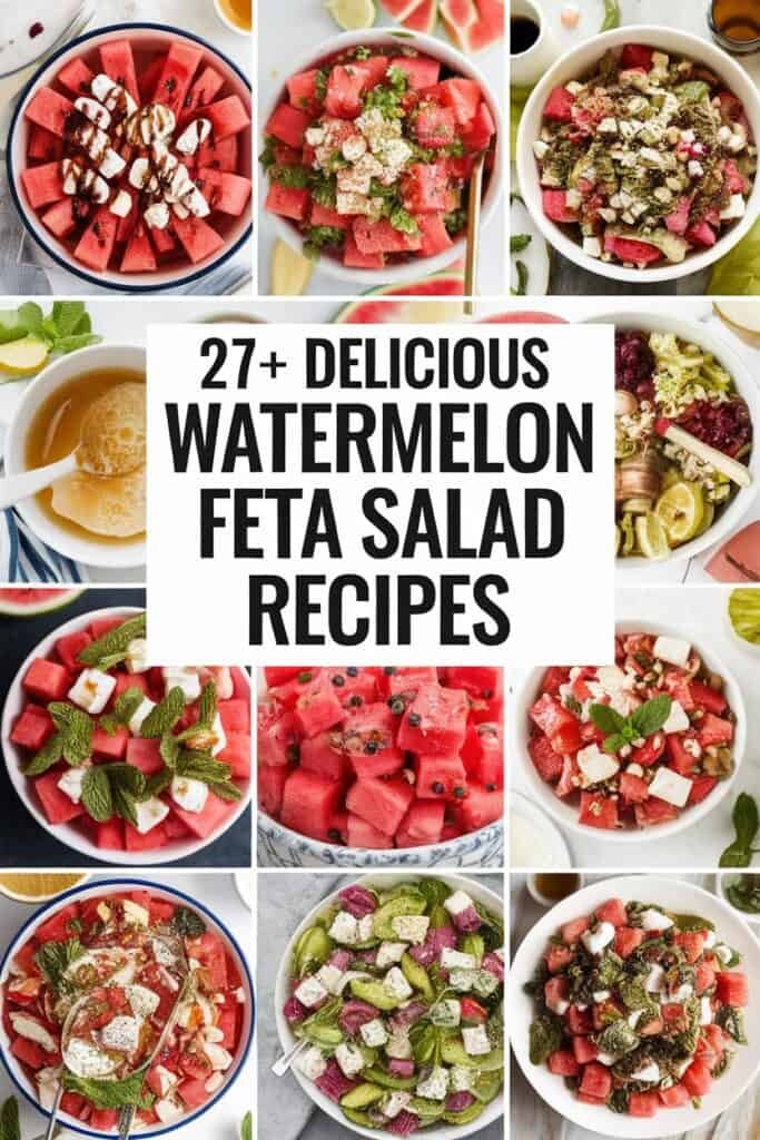 A collage of 27+ delicious watermelon feta salad recipes featuring vibrant watermelon cubes, crumbled feta cheese, and fresh herbs. The image showcases various presentations of the salad in different bowls, highlighting creative ingredients and garnishes. Perfect for summer gatherings and healthy eating.