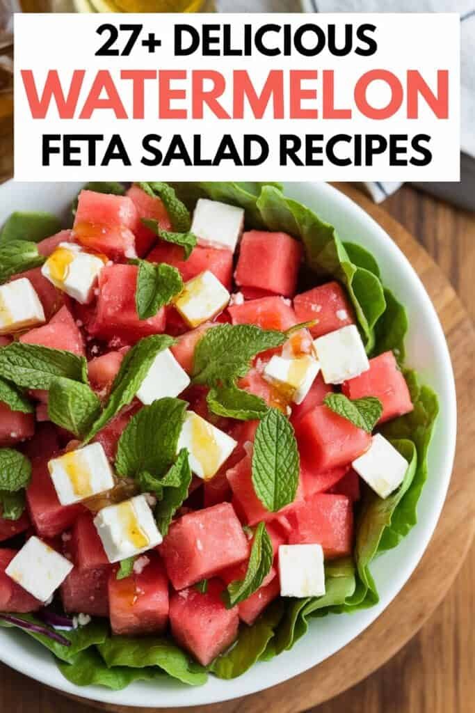 A vibrant bowl of watermelon feta salad featuring fresh watermelon cubes, crumbled feta cheese, and mint leaves on a bed of leafy greens, showcasing a refreshing summer dish. Perfect for healthy eating and summer gatherings.