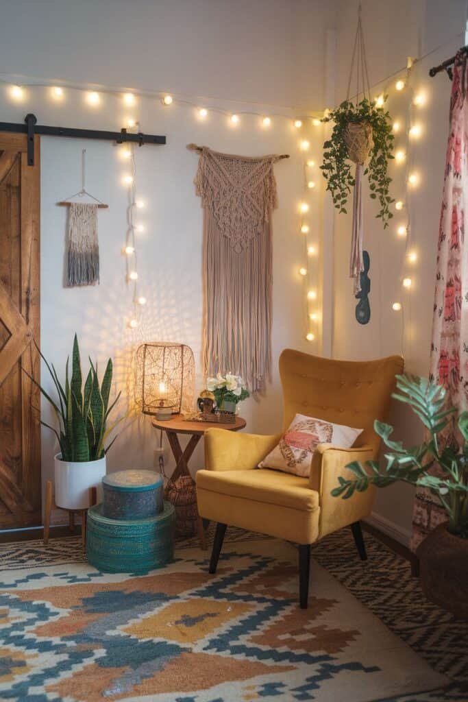 Cozy modern living room featuring a yellow armchair, decorative macramé wall hangings, warm string lights, and a stylish area rug. The space includes indoor plants, a wooden side table with a lamp, and decorative accents, creating a welcoming and inviting atmosphere.