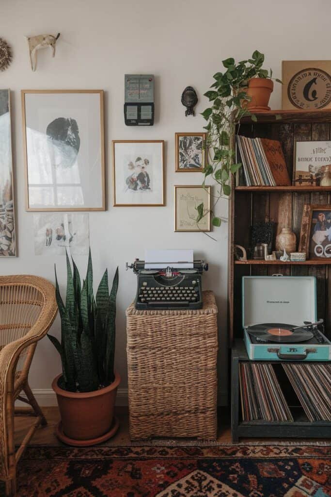 Vintage home decor featuring a typewriter on a woven storage basket, a potted snake plant, and a record player beside a shelf filled with vinyl records. The wall displays a mix of framed artwork and decorative items, creating a cozy and artistic atmosphere.