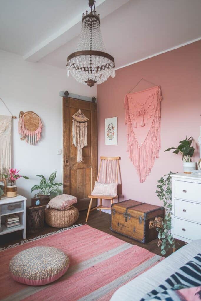 Cozy and stylish bedroom featuring a pink accent wall, bohemian wall hangings, a vintage wooden door, and a chandelier. The room includes a comfortable sitting area with a rocking chair, decorative cushions, a woven basket, and a rustic trunk, creating a warm and inviting atmosphere.