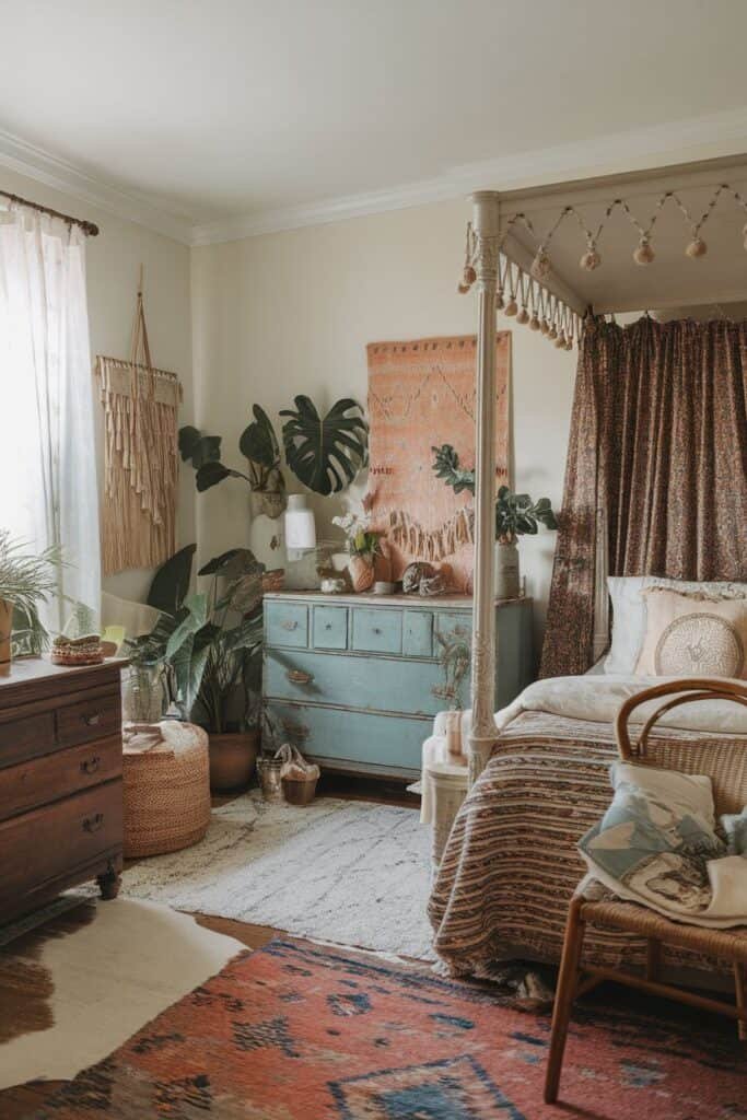 Cozy bohemian bedroom featuring a four-poster bed, patterned textiles, and an eclectic mix of plants and decor. The room includes a vintage blue dresser, woven baskets, and a colorful area rug, creating a warm and inviting atmosphere. Natural light filters through sheer curtains, enhancing the earthy tones and textures throughout the space.