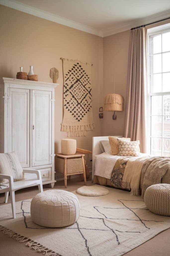 Cozy and stylish bedroom featuring neutral tones, a woven wall tapestry, a comfortable bed with textured pillows, a rattan chair, and decorative poufs on a soft rug. Natural light streams in through large windows, enhancing the warm ambiance.