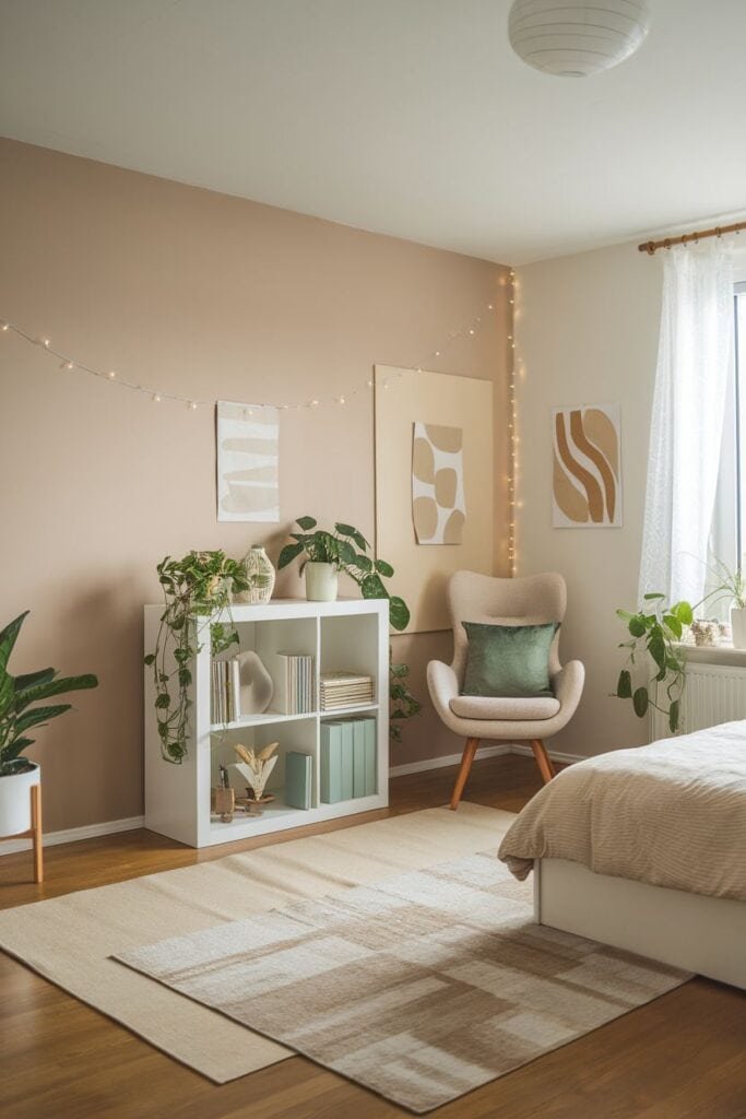 Cozy modern bedroom featuring a neutral color palette, a comfortable armchair with a green cushion, a stylish bookshelf adorned with plants, and decorative artwork on the walls. Soft lighting and a patterned rug enhance the inviting atmosphere.