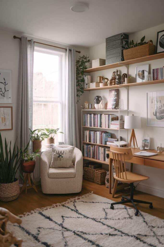 Cozy home office featuring a comfortable armchair, wooden desk, and bookshelves filled with books and decorative items. Natural light streams through a large window adorned with light curtains, while potted plants add a touch of greenery to the space. A textured rug complements the warm wooden flooring, creating an inviting atmosphere for work or relaxation.