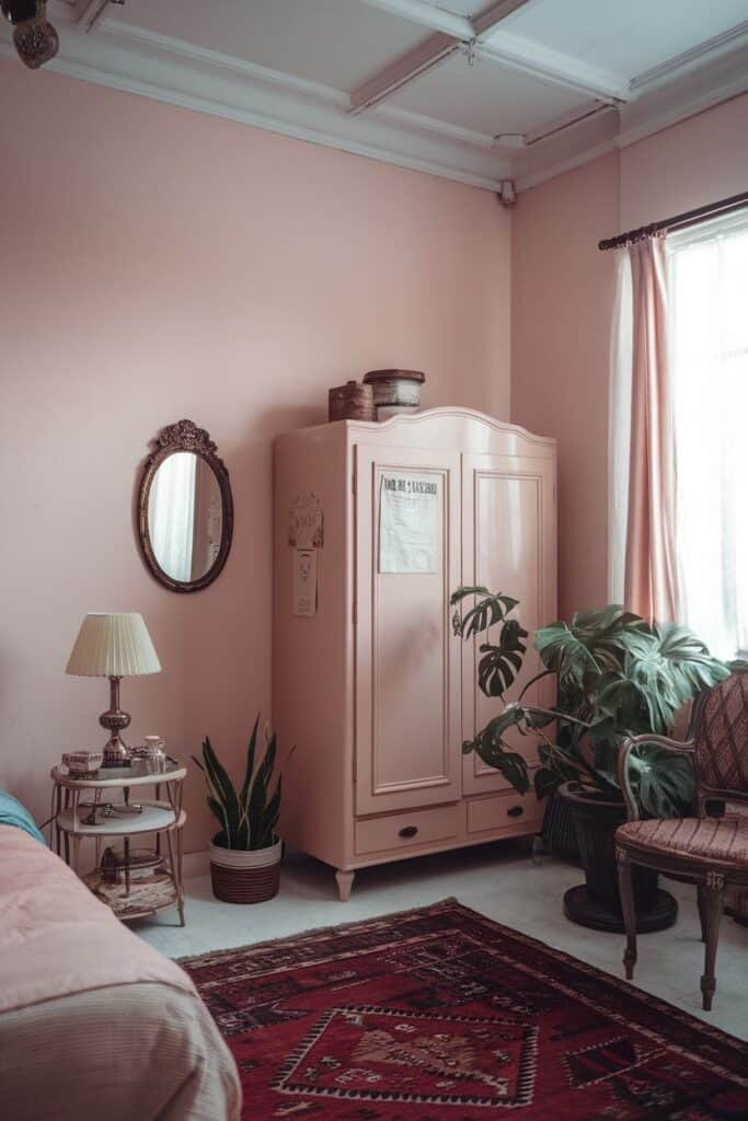 Cozy interior of a vintage-inspired room featuring a pink wardrobe, an ornate mirror, a potted plant, and a comfortable armchair, complemented by a decorative rug and warm lighting.