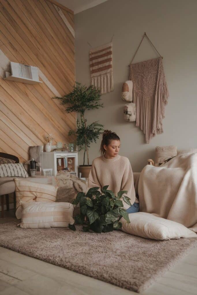 Cozy interior scene featuring a woman in a beige sweater sitting among soft pillows and a houseplant, with a wooden accent wall and decorative wall hangings in a warm, inviting living space.