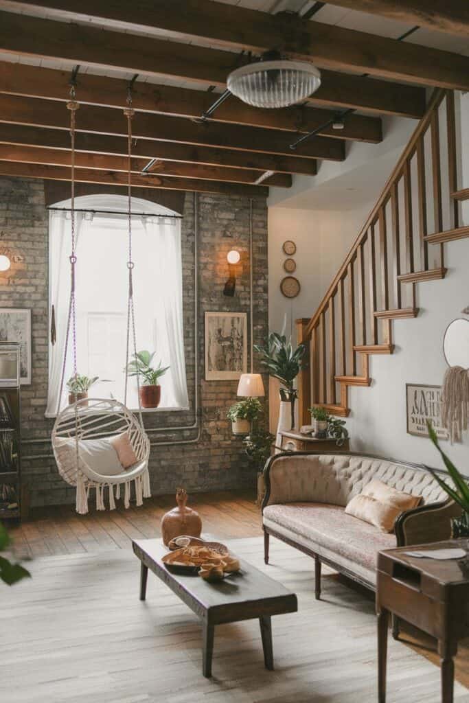 Cozy living room featuring a swing chair by a large window, exposed brick walls, wooden beams, and a vintage sofa. The space is decorated with plants, a wooden coffee table with decorative bowls, and warm lighting, creating an inviting atmosphere.