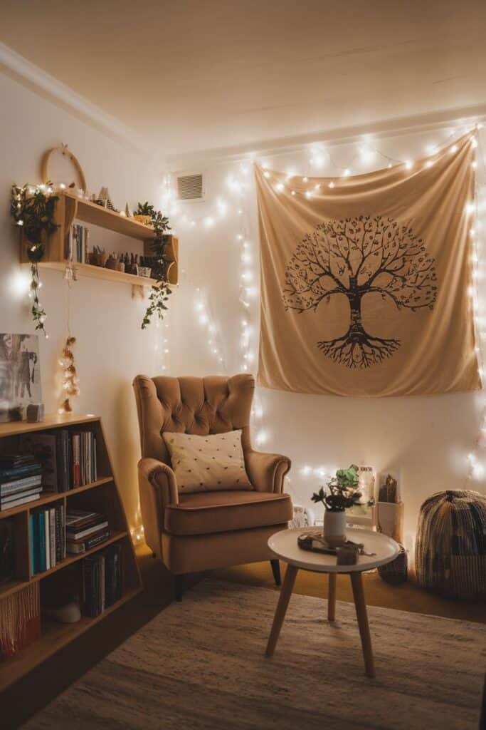 Cozy living room featuring a plush armchair, a light-colored wooden bookshelf filled with books, and a decorative wall tapestry with a tree design. The space is illuminated by warm fairy lights, creating a serene atmosphere, complemented by a small round coffee table with a plant.