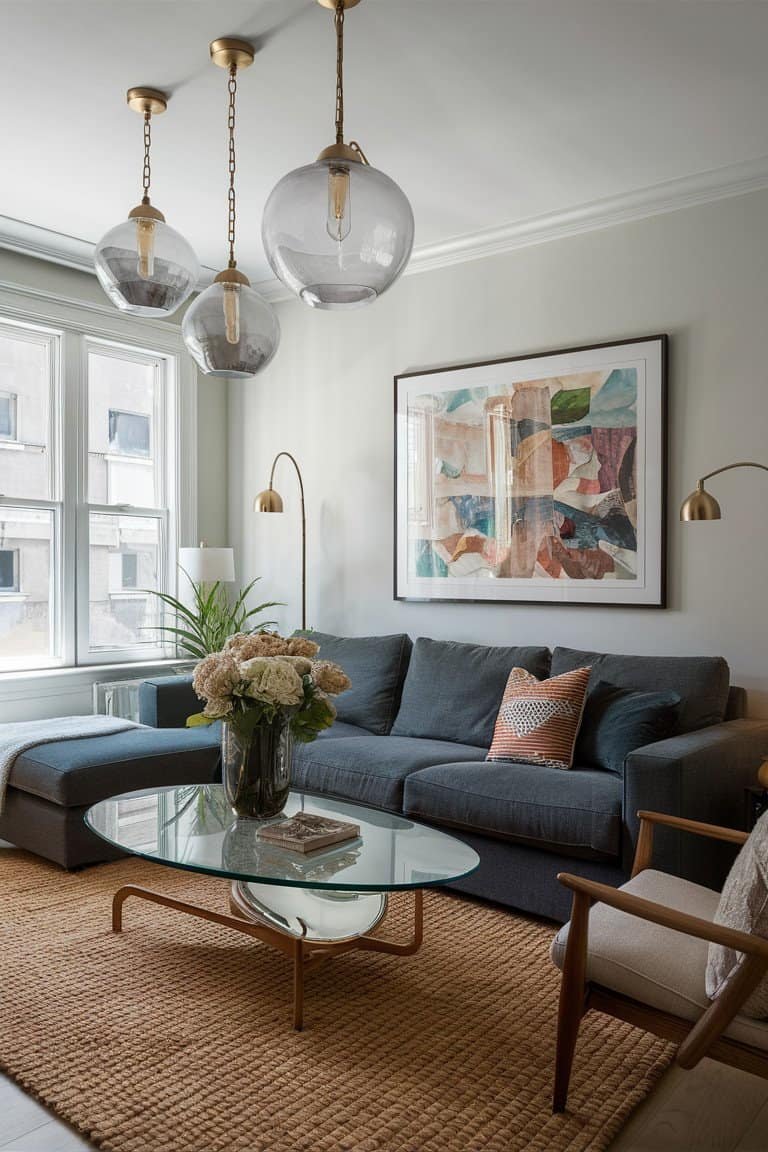 Glass Pendant Lights Over the Sofa