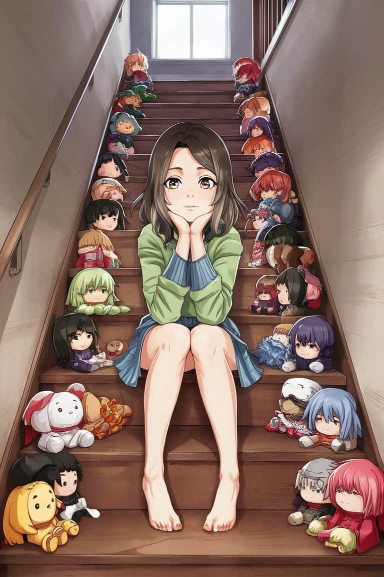 Anime Plushies on the Stairs