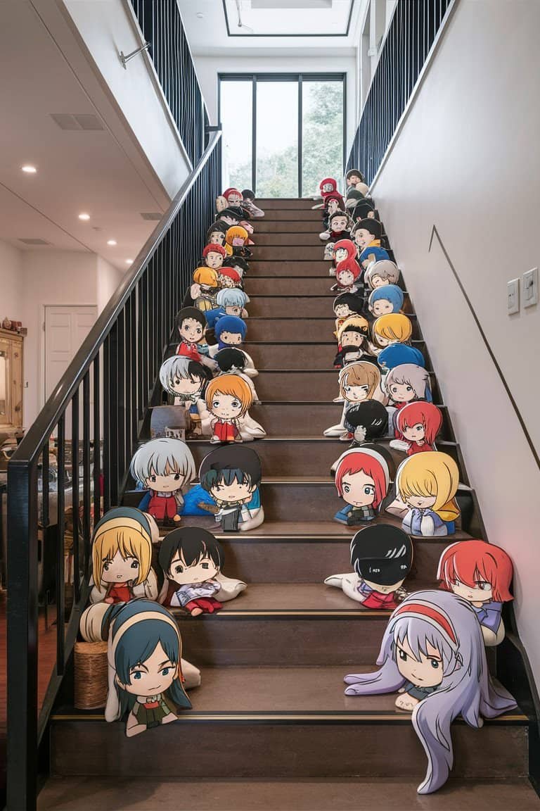 Anime Character Plushies on the Stairs Anime Character Plushies on the Stairs