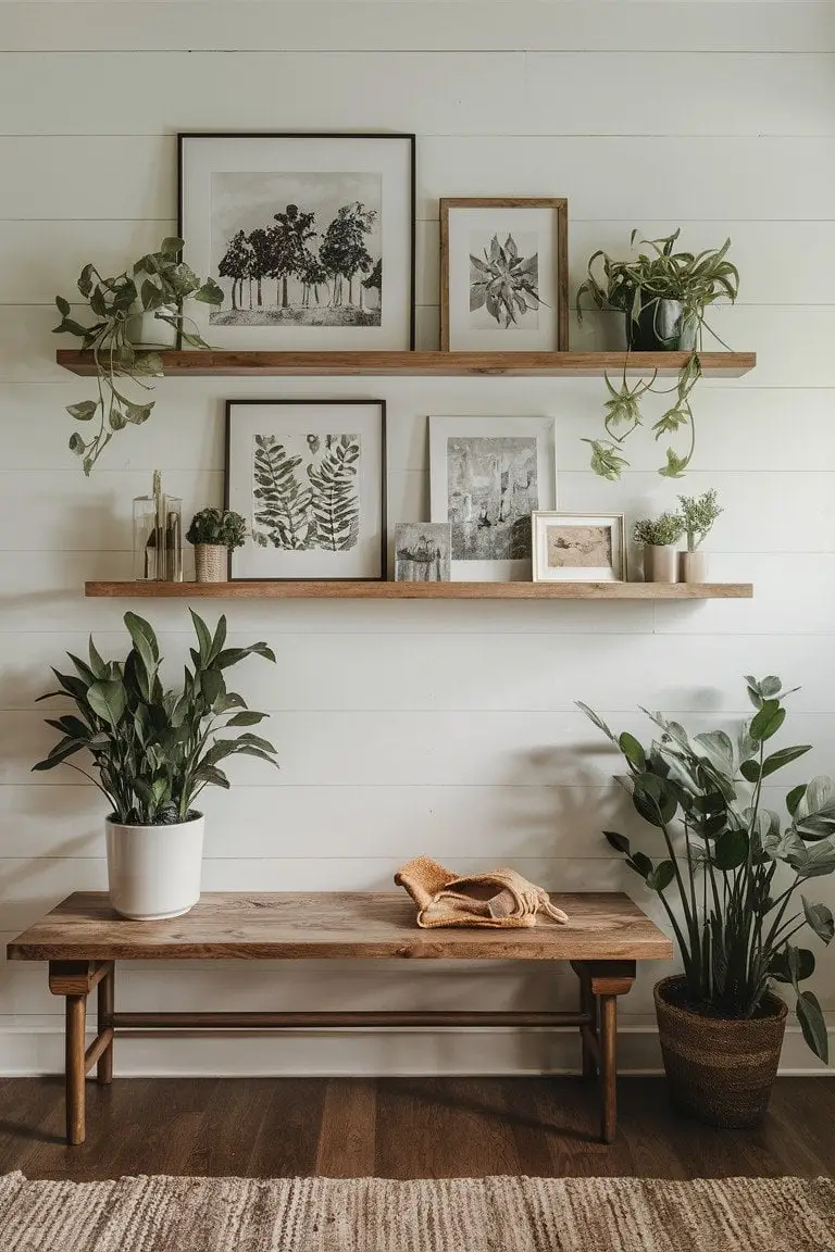 Wooden Shelves with Art and Plants