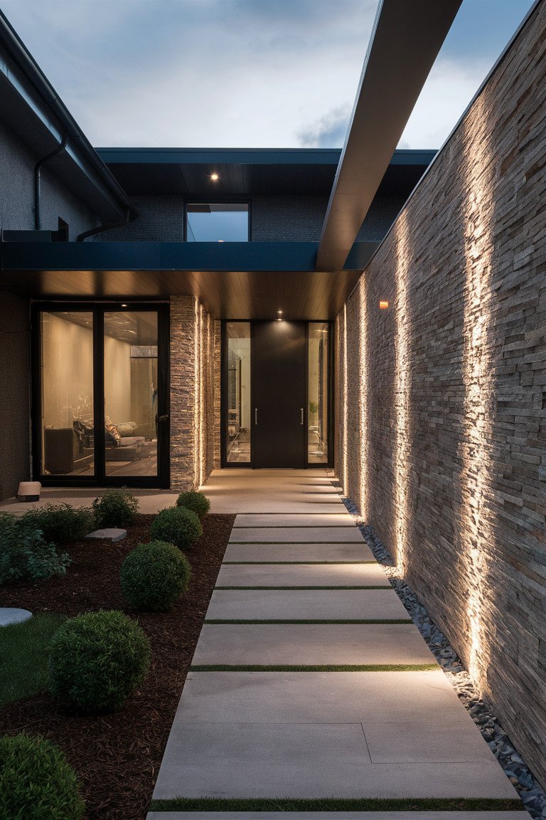 Textured Stone Wall with Built-in Lighting