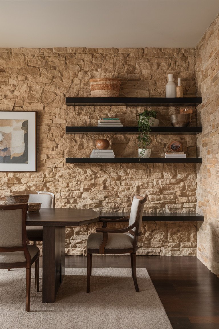 Textured Stone Wall with Shelving