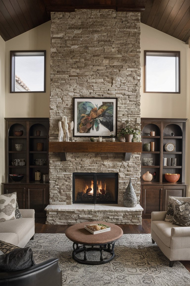 Stacked Stone Fireplace Surround